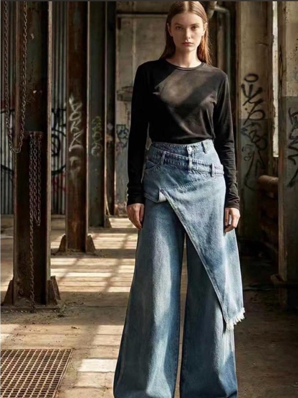 Wide Leg Wrap Asymmetric Button Denim Jeans - Blue